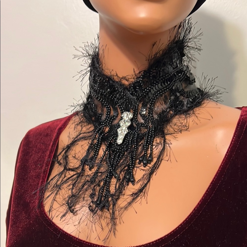 Elegant Black Beaded Choker Necklace Antique Style Black Gothic Necklace Choker